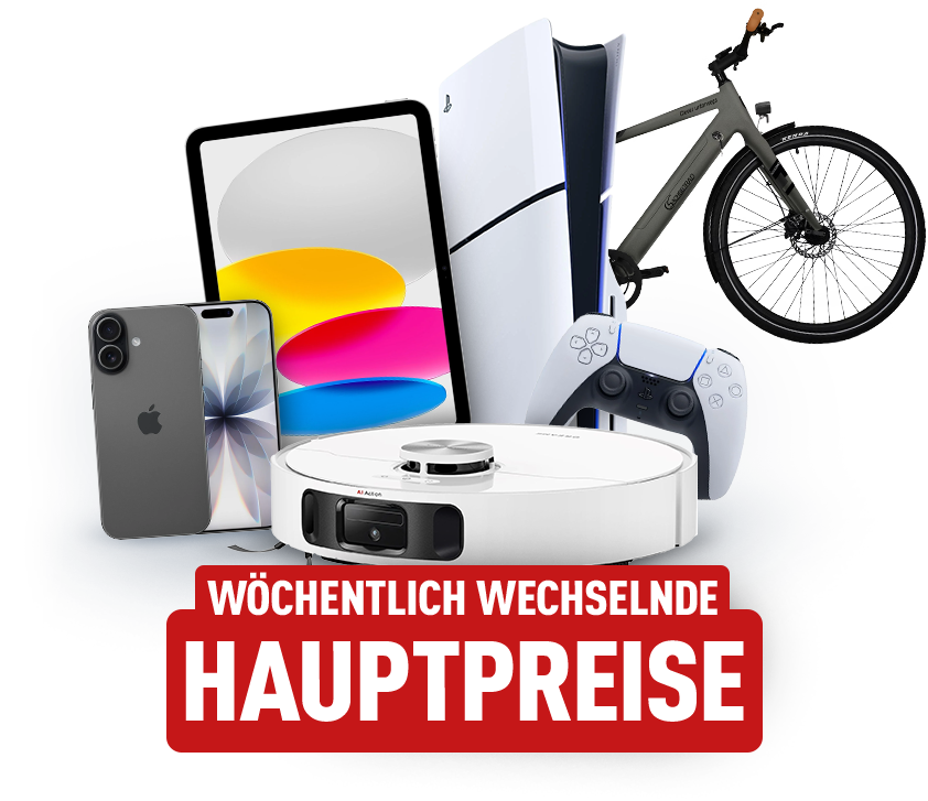 Collage der wechselnden Hauptpreise: Fahrrad, Playstation, Saugrobotoer, iPad, iPhone